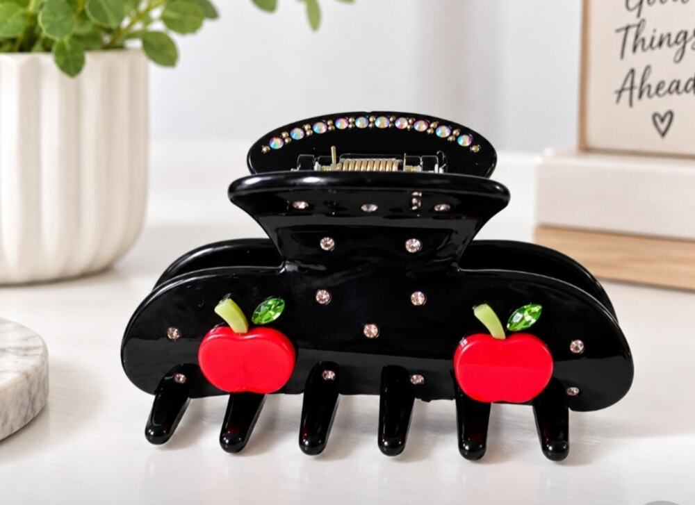 Acetate Black Apple Rhinestone Hair Claw Clip New